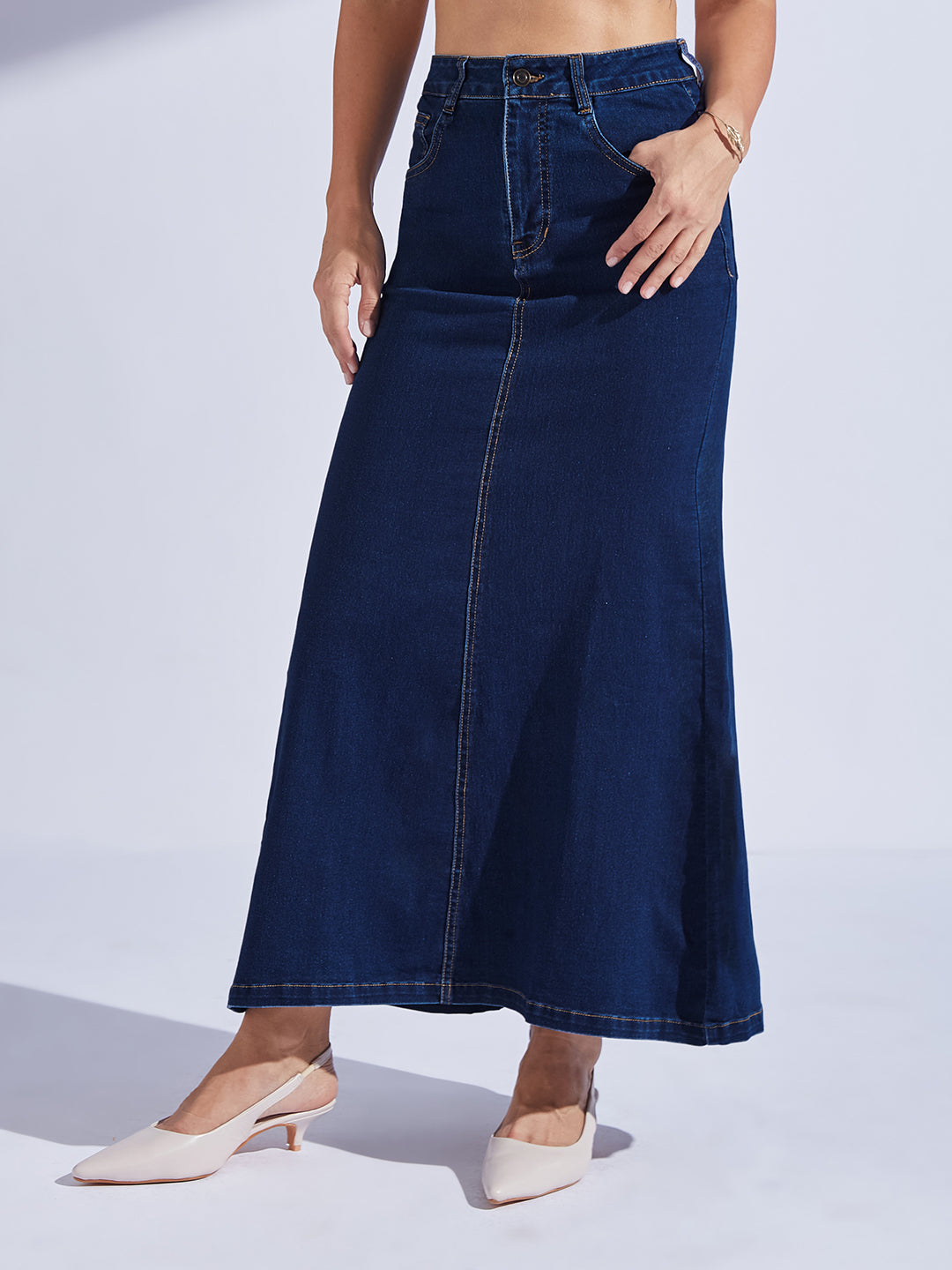 Women's Dark-Blue Flared High-Rise Stretchable Denim Maxi Skirt