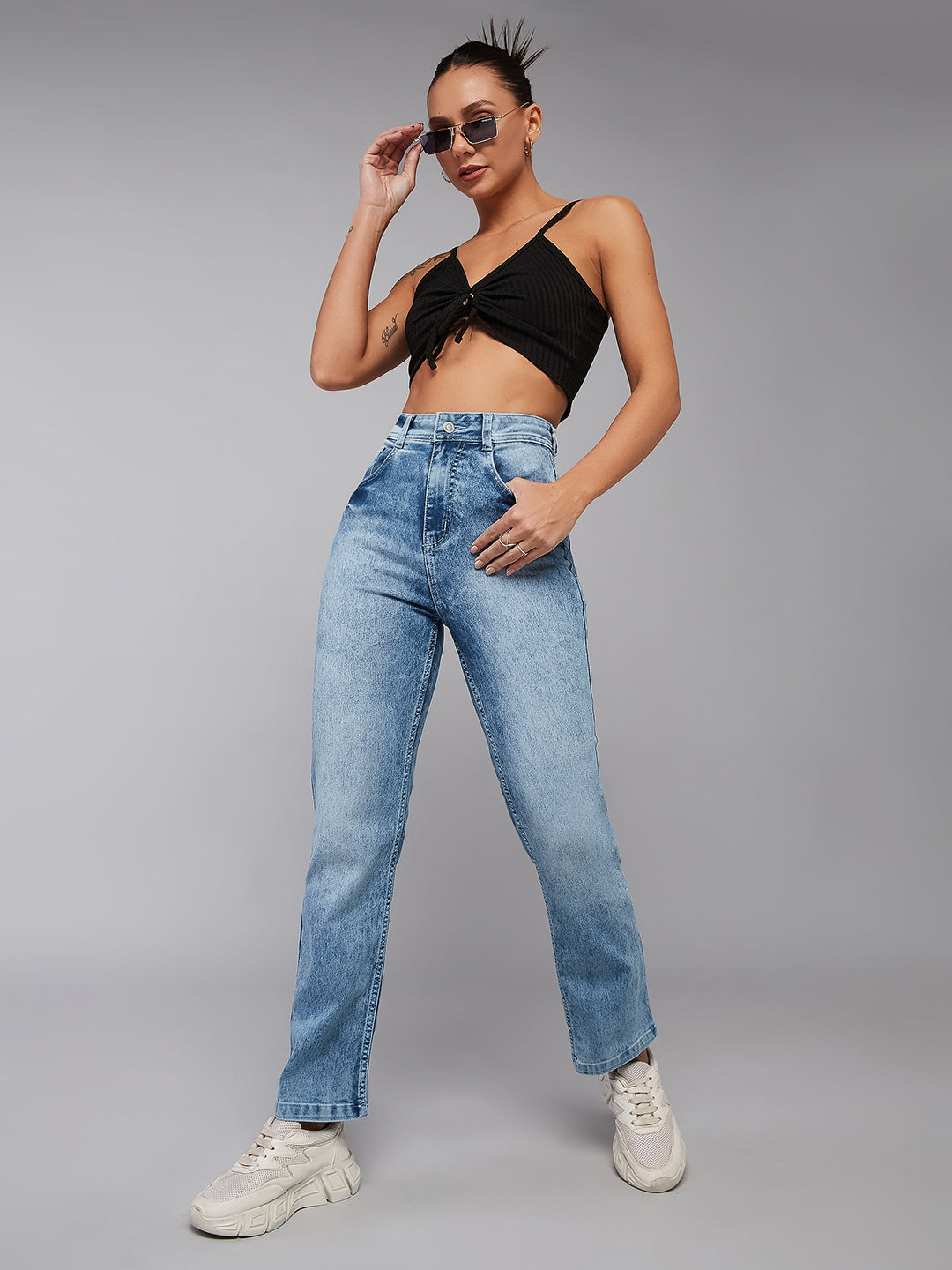 24/7 Comfort Light-Blue Wide-Leg High-Rise Stretchable Denim Jeans for Women