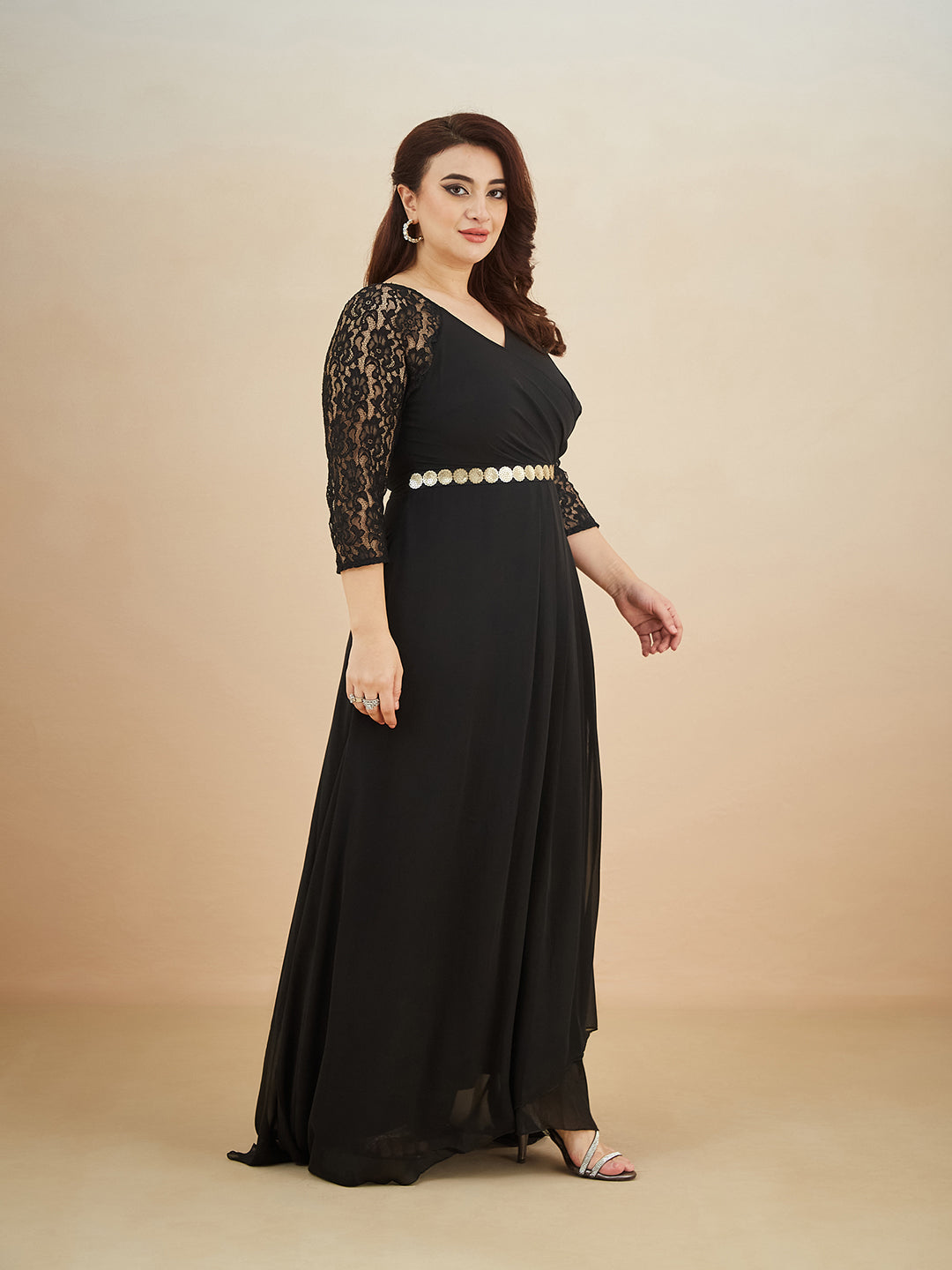Black V-Neck Raglan Embellished Wrap Maxi Georgette Dress for Women