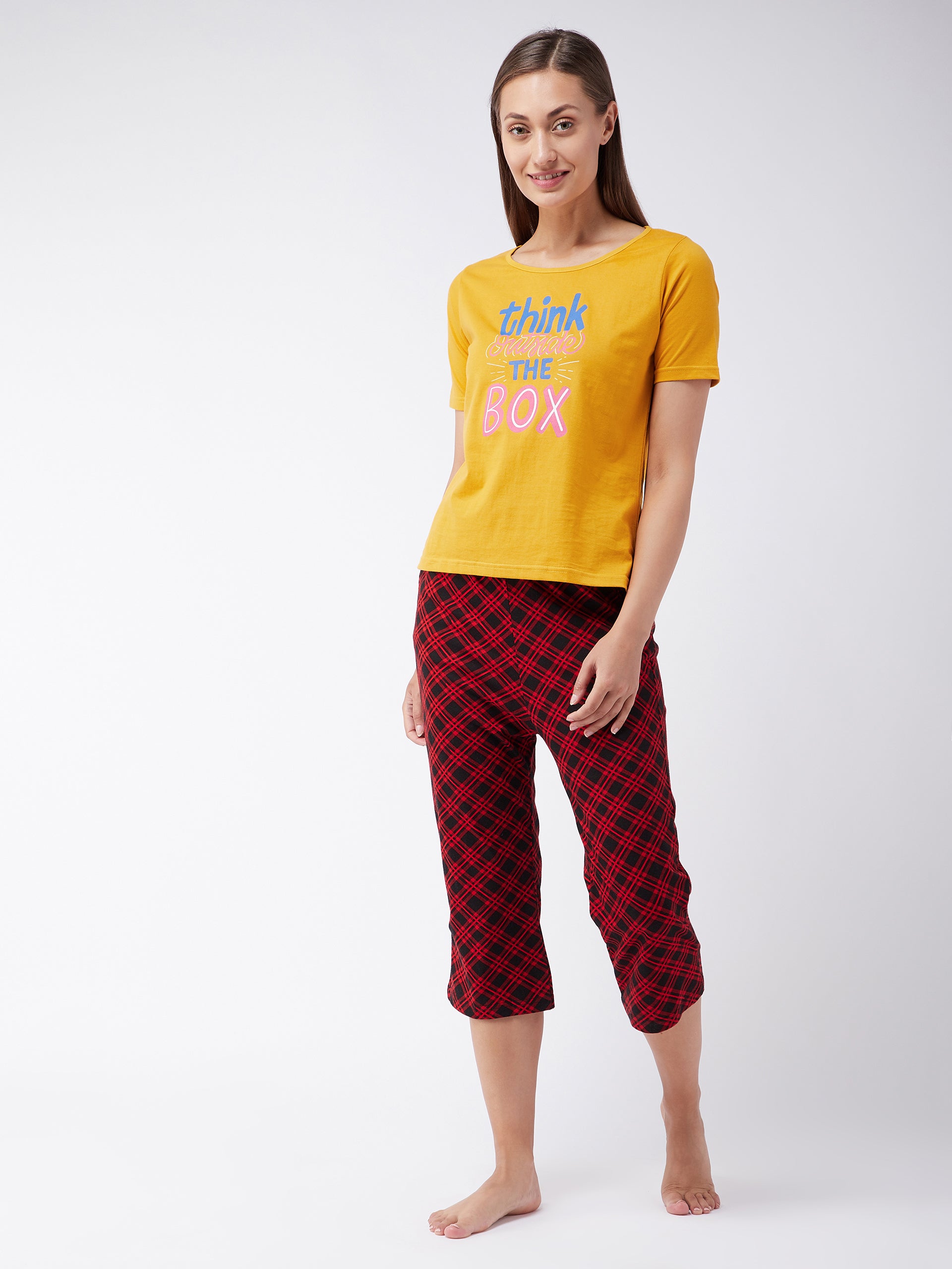 Women's Mustard Cotton Solid  Regular Length Round Neck Short Sleeves Loungewear T-shirt