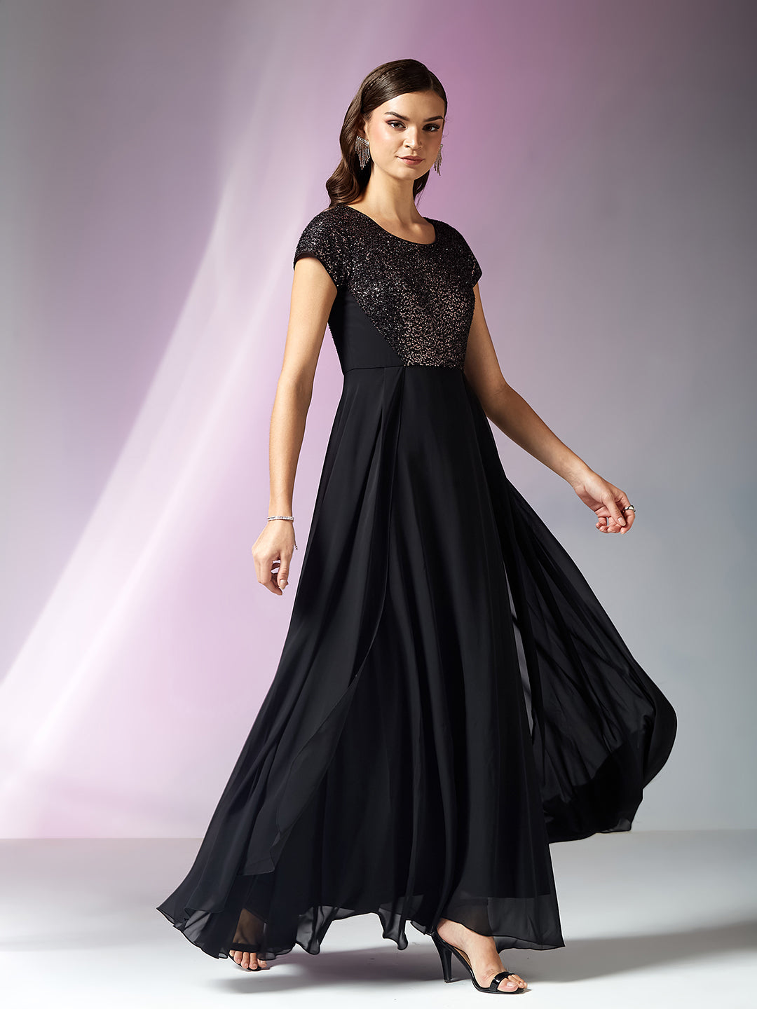 Women’s Black Round Neck Short Sleeve Embellished Fit & Flare Maxi Georgette Dress for Women