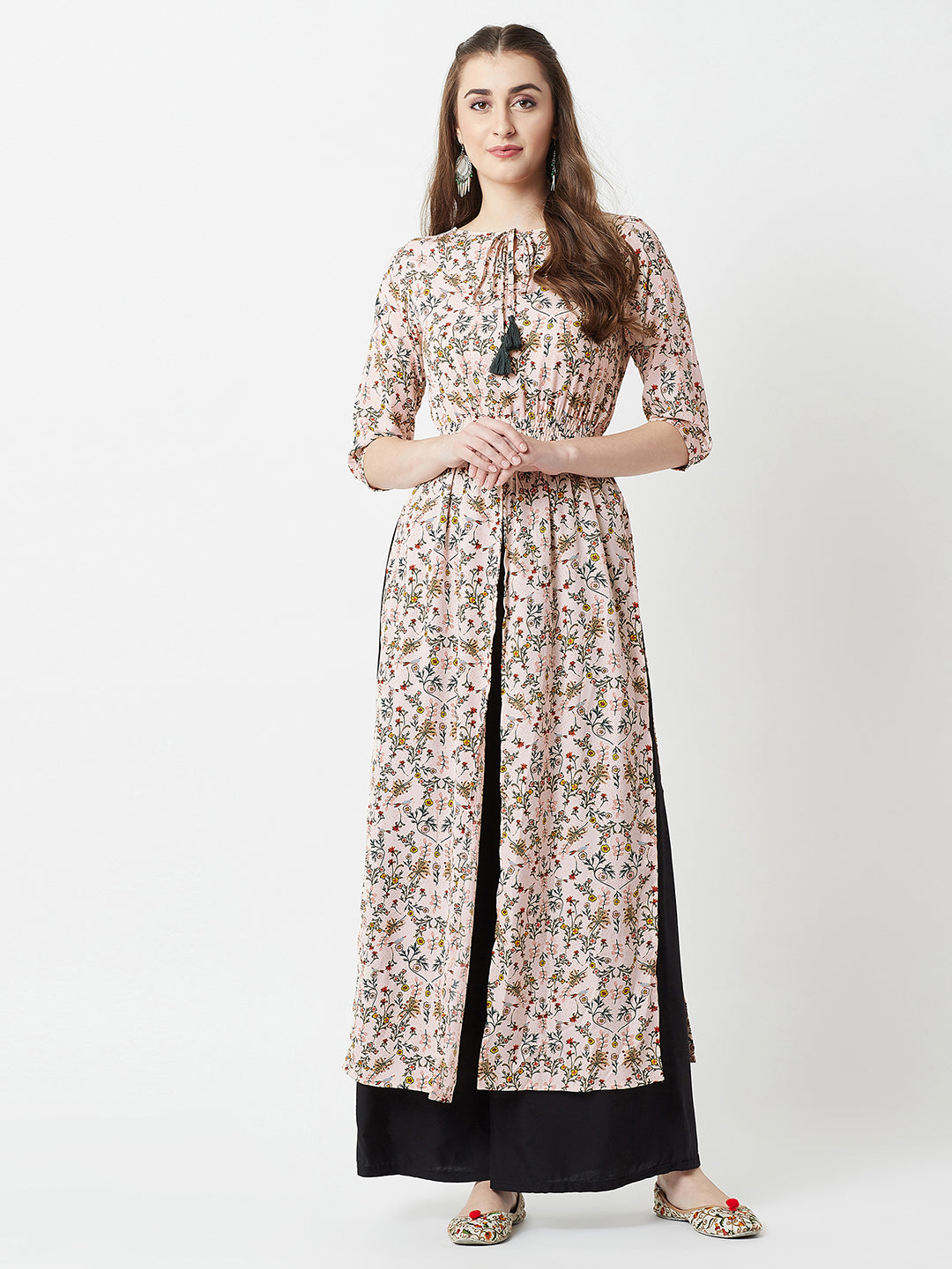 Peach Round Neck 3/4 Sleeve Floral Tie-Up Tassel Detailing Front Slit Maxi Top for Women