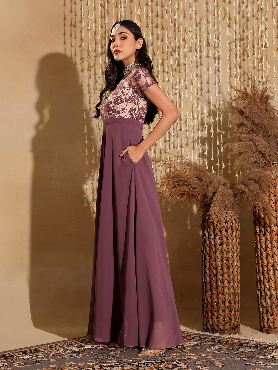 Women's Mauve Square-Neck Raglan-Sleeve Self-Designed Flared Georgette Maxi Dress