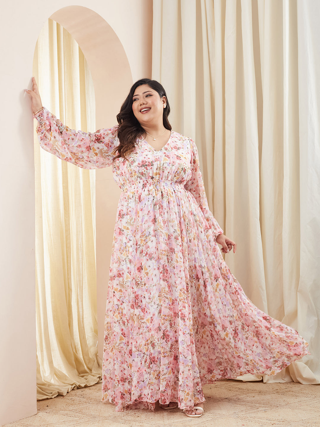 Multicolored Base Pink V-Neck Smocked Bishop Sleeve Floral Gathered Chiffon Maxi Dress for Women