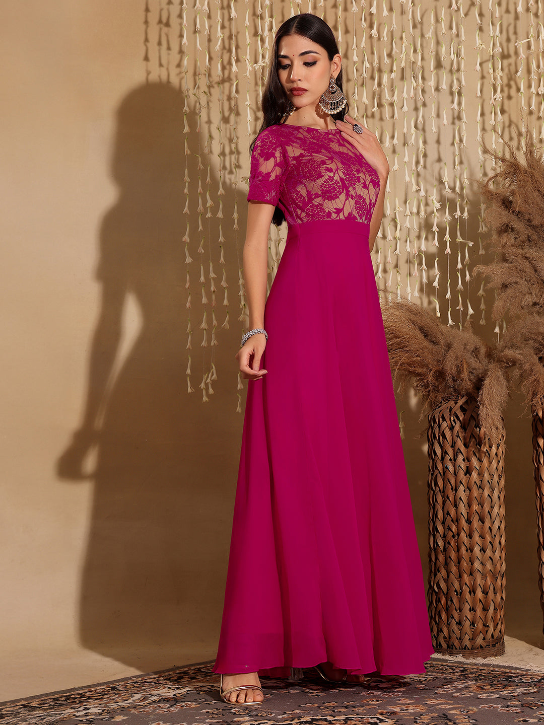 Women's Dark Pink Round Neck Half Sleeve Self-Designed Fit & Flare Georgette Maxi Dress