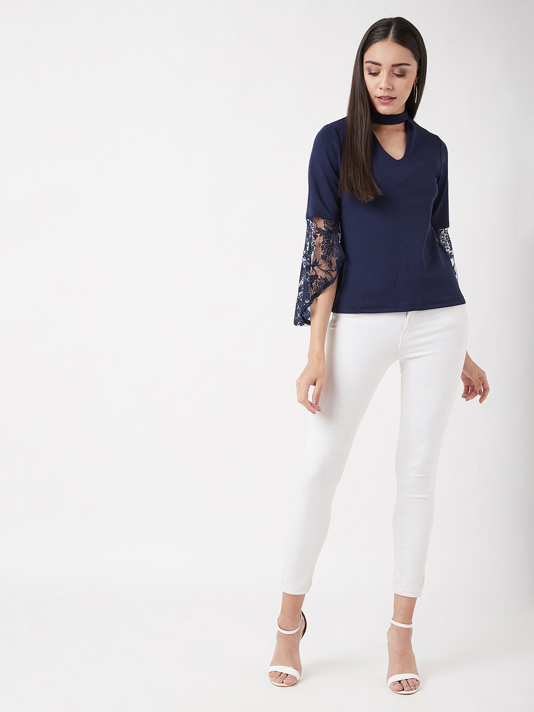 Women's Navy Blue Round Neck 3/4 Sleeve Solid Lace Semi Sheer Split Sleeve Choker Style Top