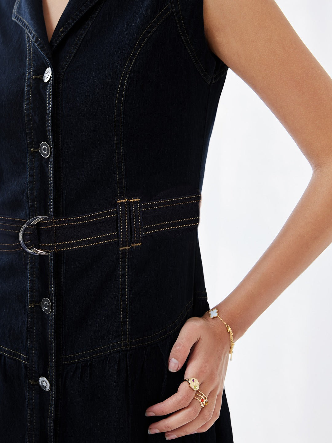 Dark Blue Notched-Collar Sleeveless Solid Drop Waist Maxi-Length Light Weight Denim Shirt Dress for Women
