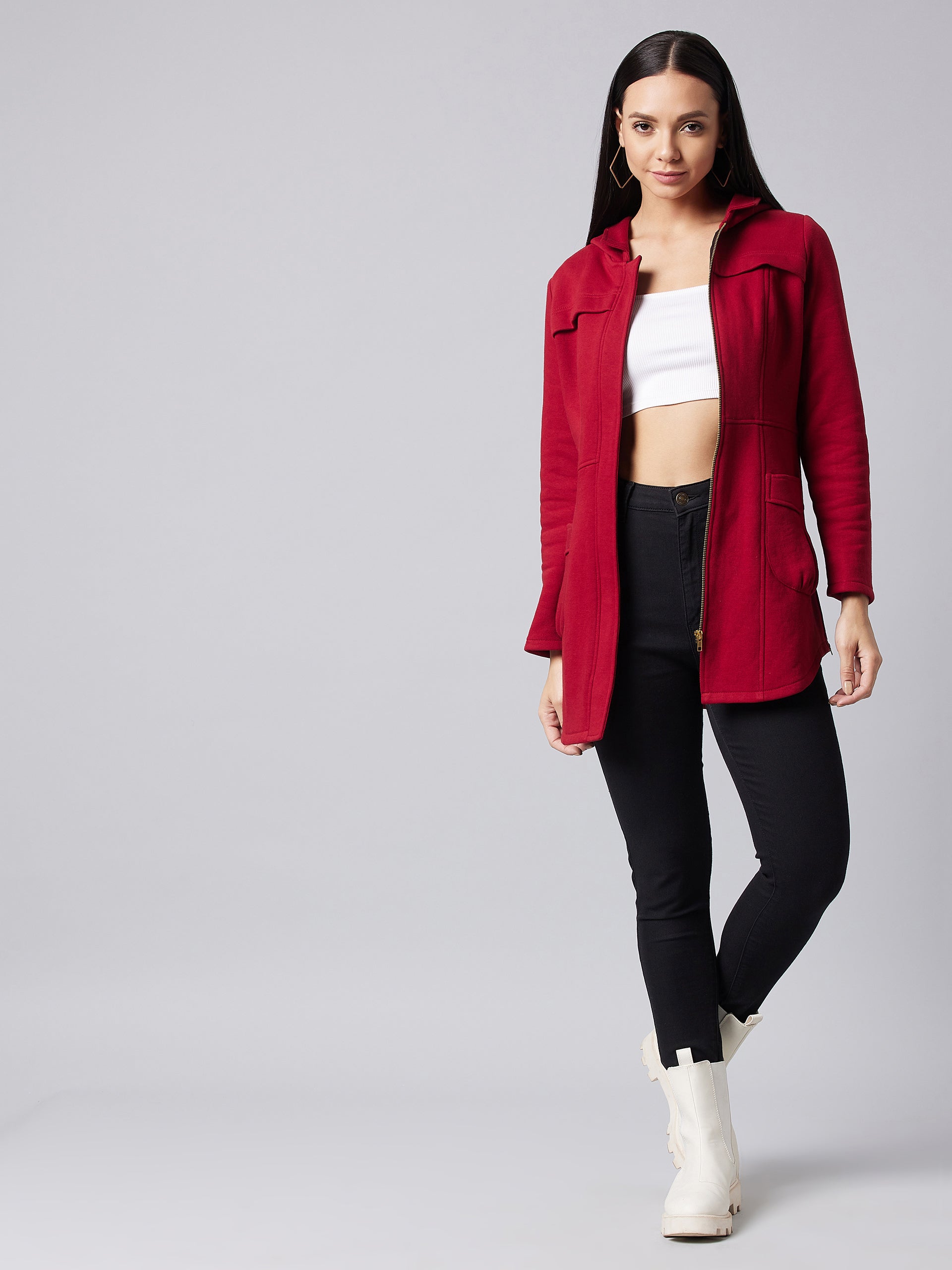 Women's Maroon Hooded Full Sleeve Solid Hooded Longline Jacket