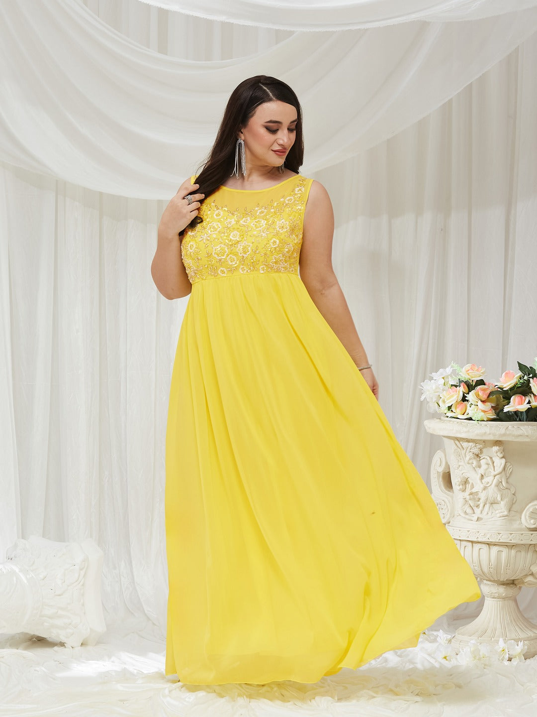 Light Yellow Boat Neck Sleeveless Embroidered Georgette Gathered Maxi Dress for Women
