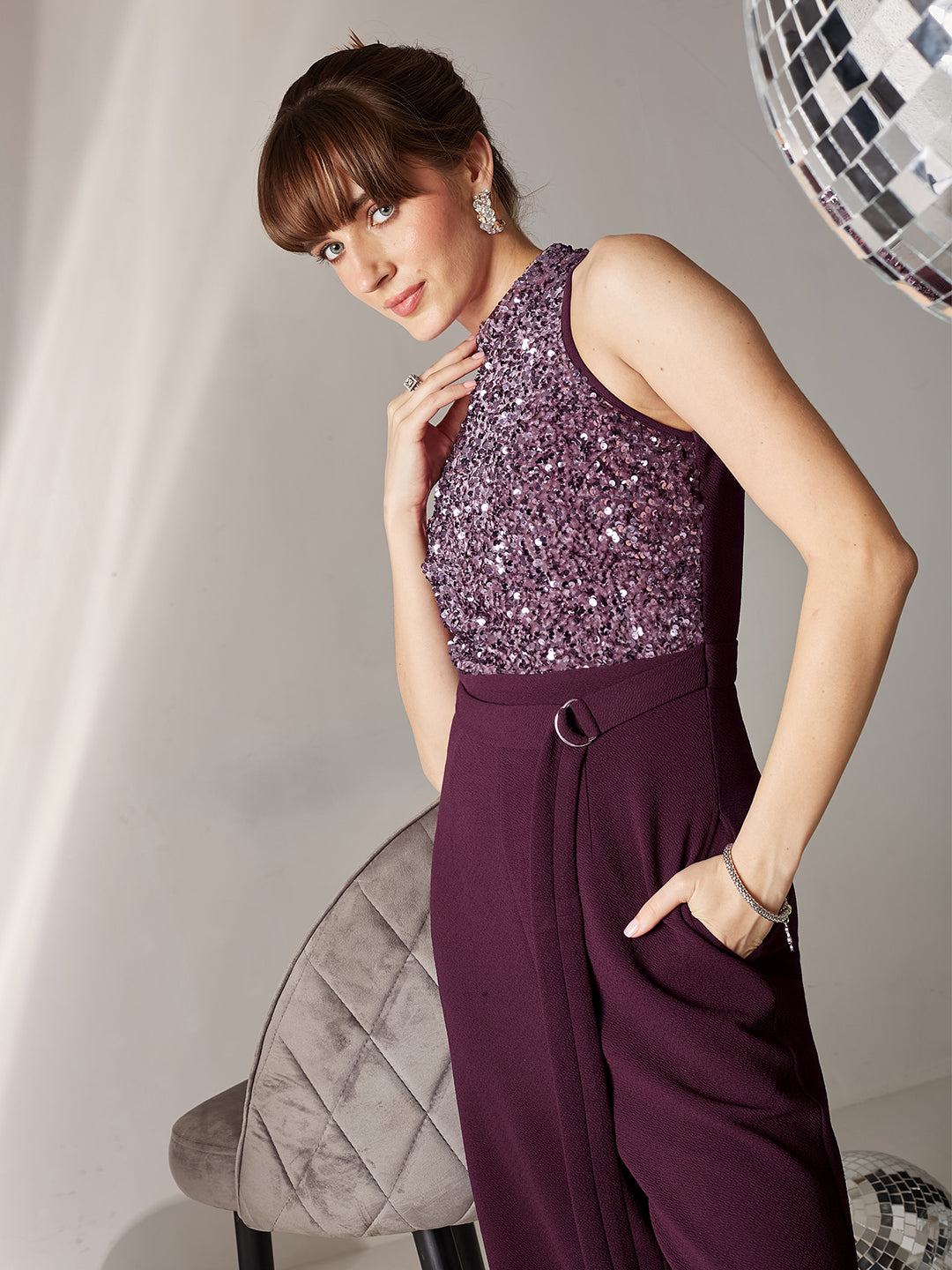 Women's Dark Purple Halter Neck Sleeveless Embellished Regular-Length Jumpsuit