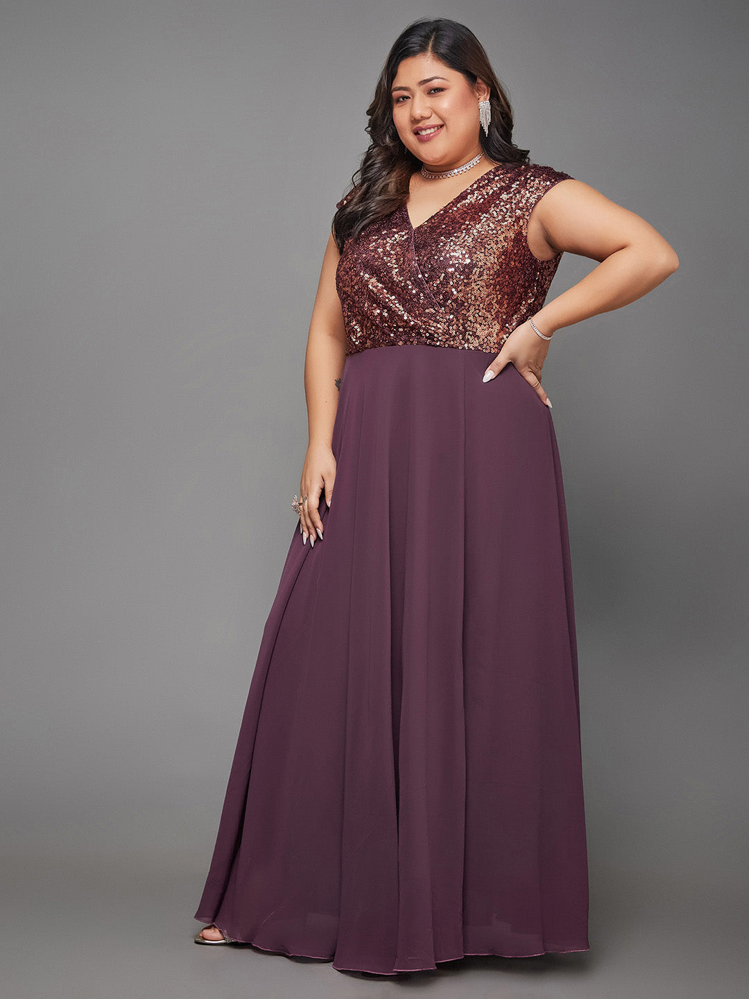 Body Bliss Mauve & Wine Embellished Wrap Maxi Dress