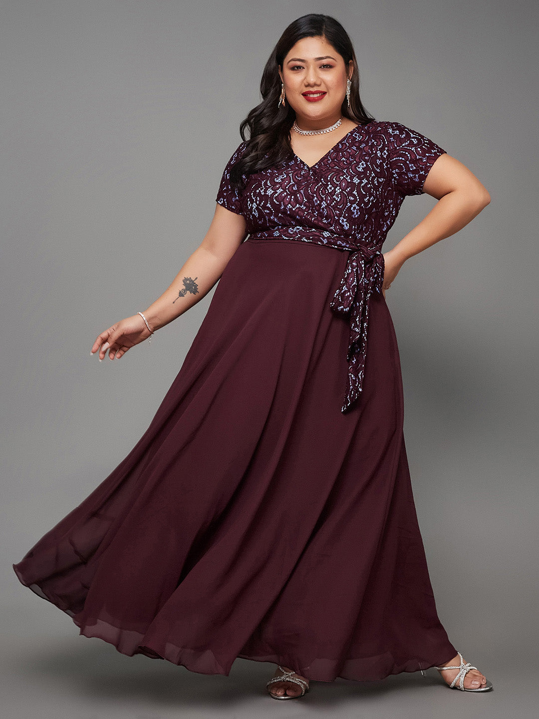 Body Bliss Wine Colored Lace Overlaid Maxi Georgette Dress