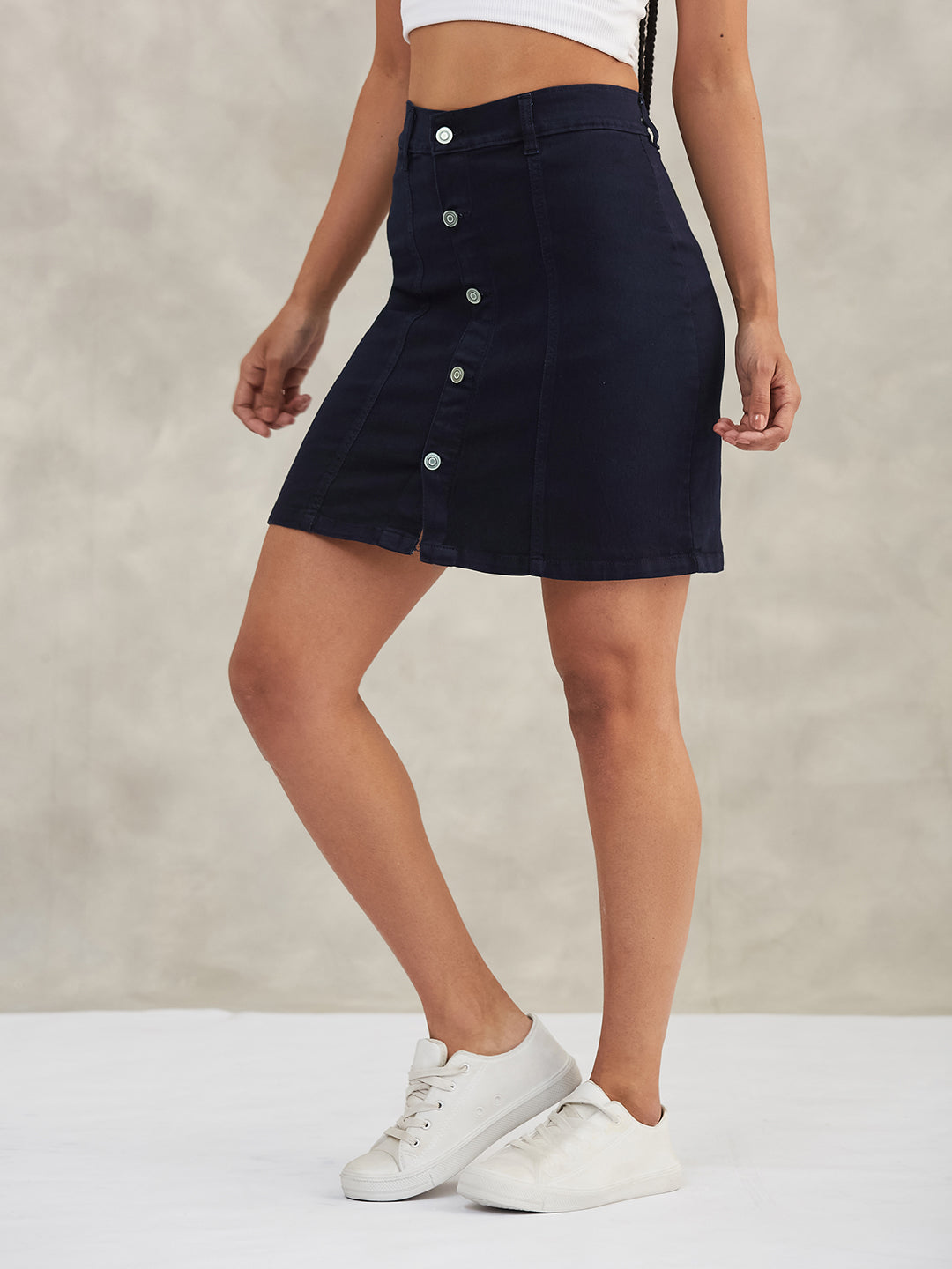 Women's Navy Blue Stretchable Solid A-line Mini Denim Skirt