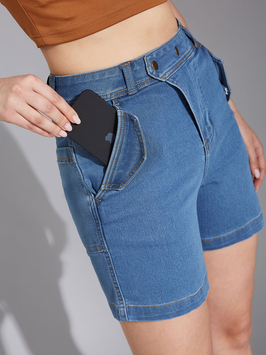 Relaxed-Fit Mid-Rise Clean-Look Stretchable Blue Denim Bermuda Shorts for Women
