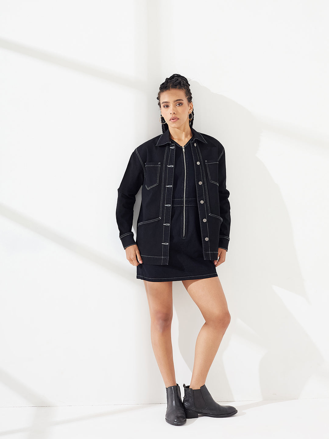 Black Shirt Collar Full-Sleeves Panelled Contrast Stitch Oversized Denim Jacket for Women