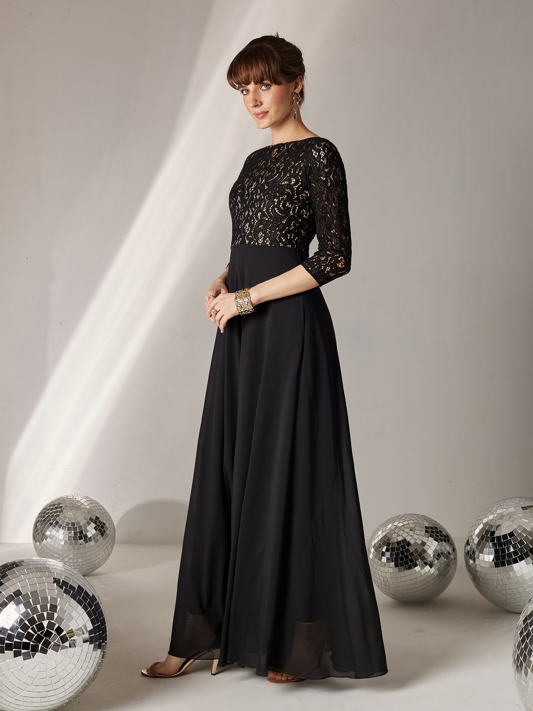 Black Self Design Boat Neck 3/4 Sleeves Side Pocketed Georgette Fit and Flare Maxi Length Dress for Women