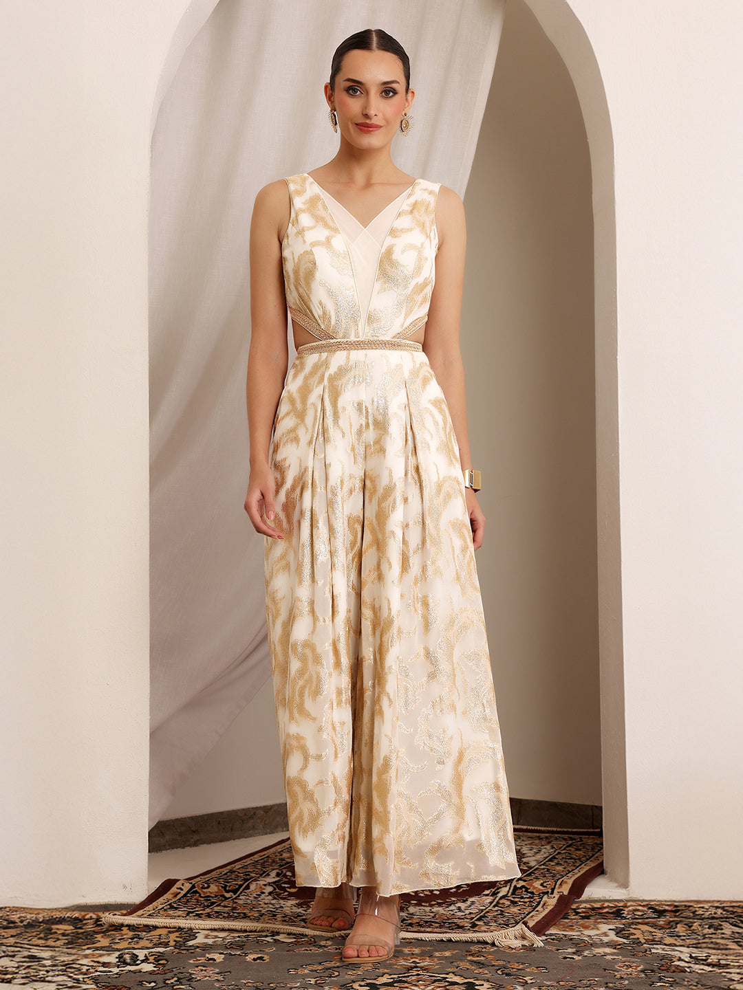 Women's Off White V-Neck Sleeveless Self-Designed Pleated Regular-Length Georgette Jumpsuit
