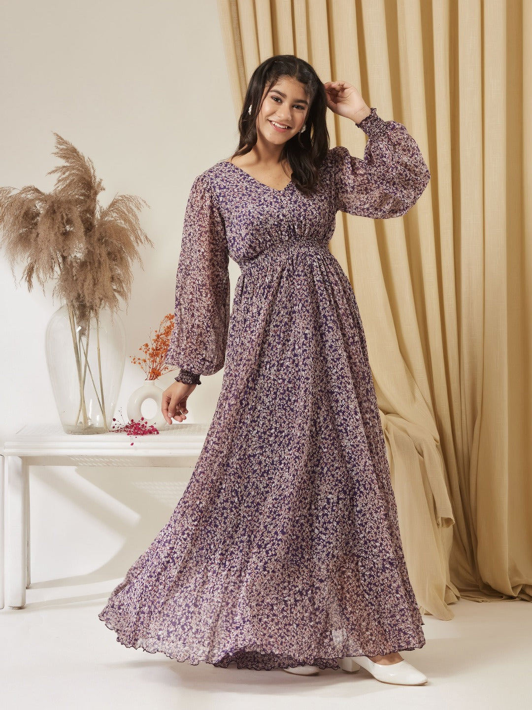 Purple V-Neck Bishop Sleeve Floral Gathered Chiffon Maxi Dress for Girls/Teenagers