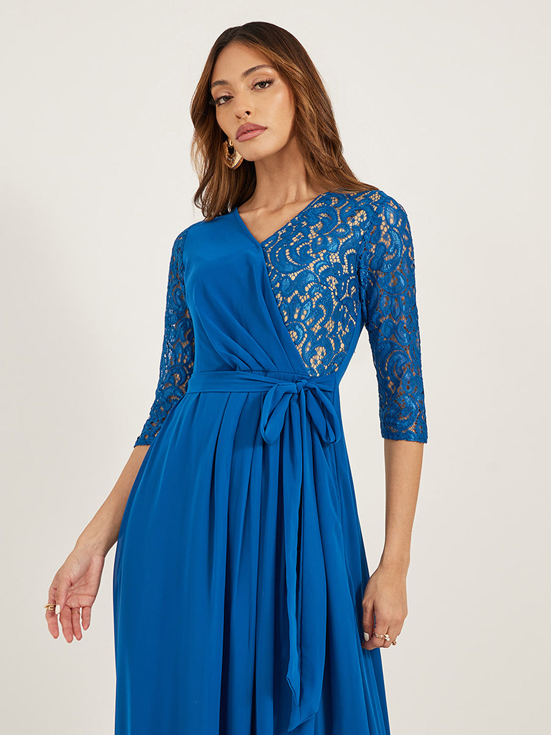 Women's Royal Blue V-Neck 3/4 Sleeve Self-Designed Wrap-Styled Georgette Maxi Dress