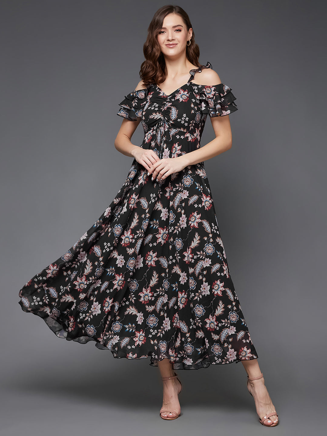 Women's Multicolored-Base-Black Sweetheart Ruffled Floral Cut-Out Maxi Dress