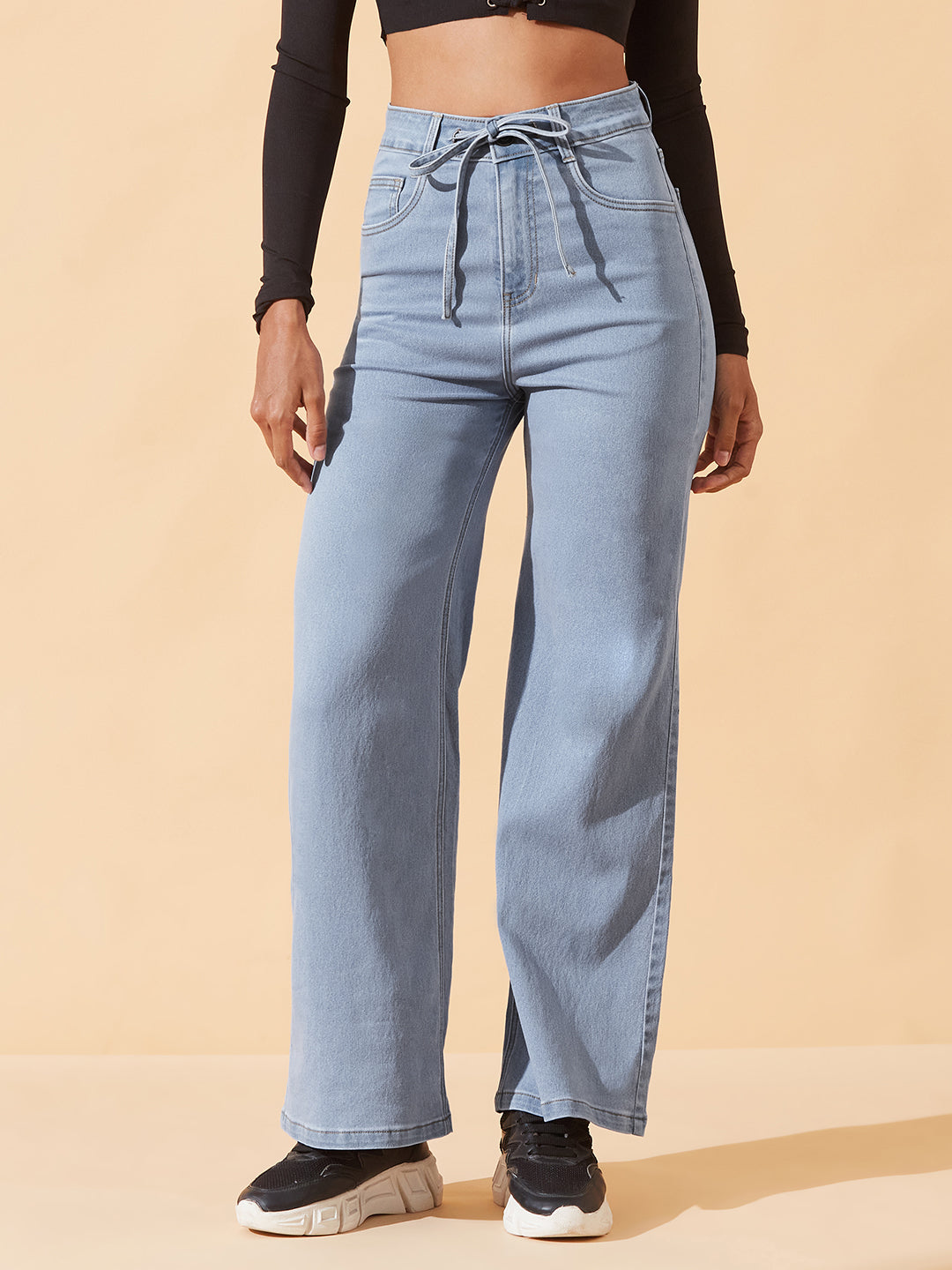 Light-Blue High-Rise Wide-Leg Stretch Denim Jeans with Tie-Up Waist for Women