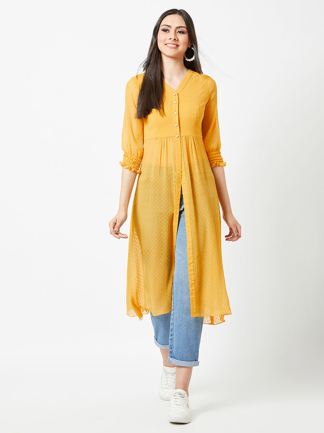 Women's Mustard Yellow V-Neck 3/4 Sleeves solid empire Maxi Top