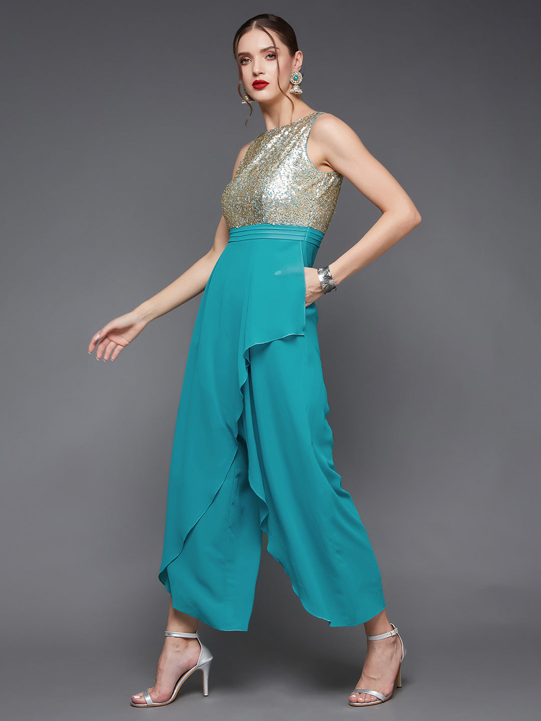 Women's Turquoise Round neck Sleeveless Gold Sequined Layered Party Jumpsuit