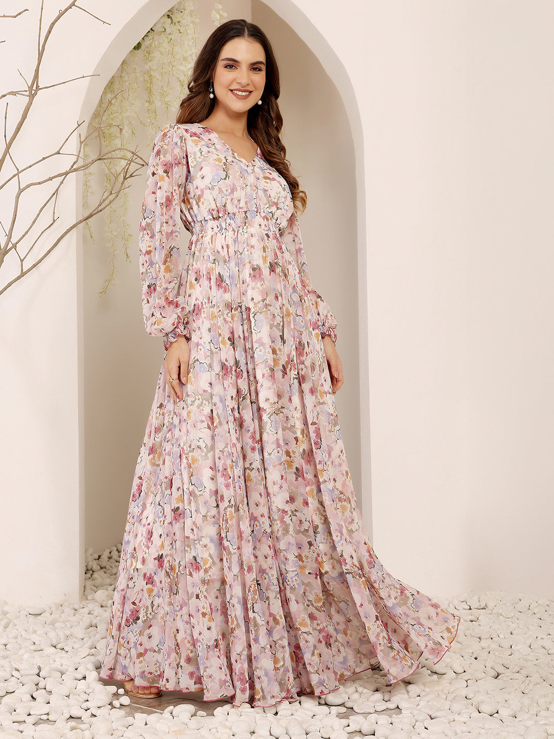 Pink Full Sleeves Floral Printed Fit and Flare Dress for Women