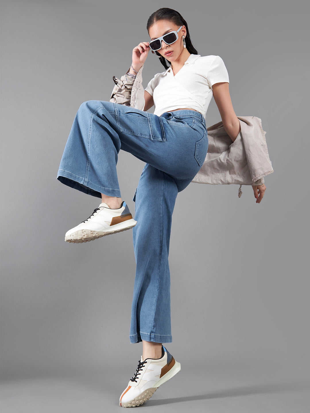 24/7 Comfort Mid Blue Wide-Leg High-Rise Stretchable Cargo Denim Jeans