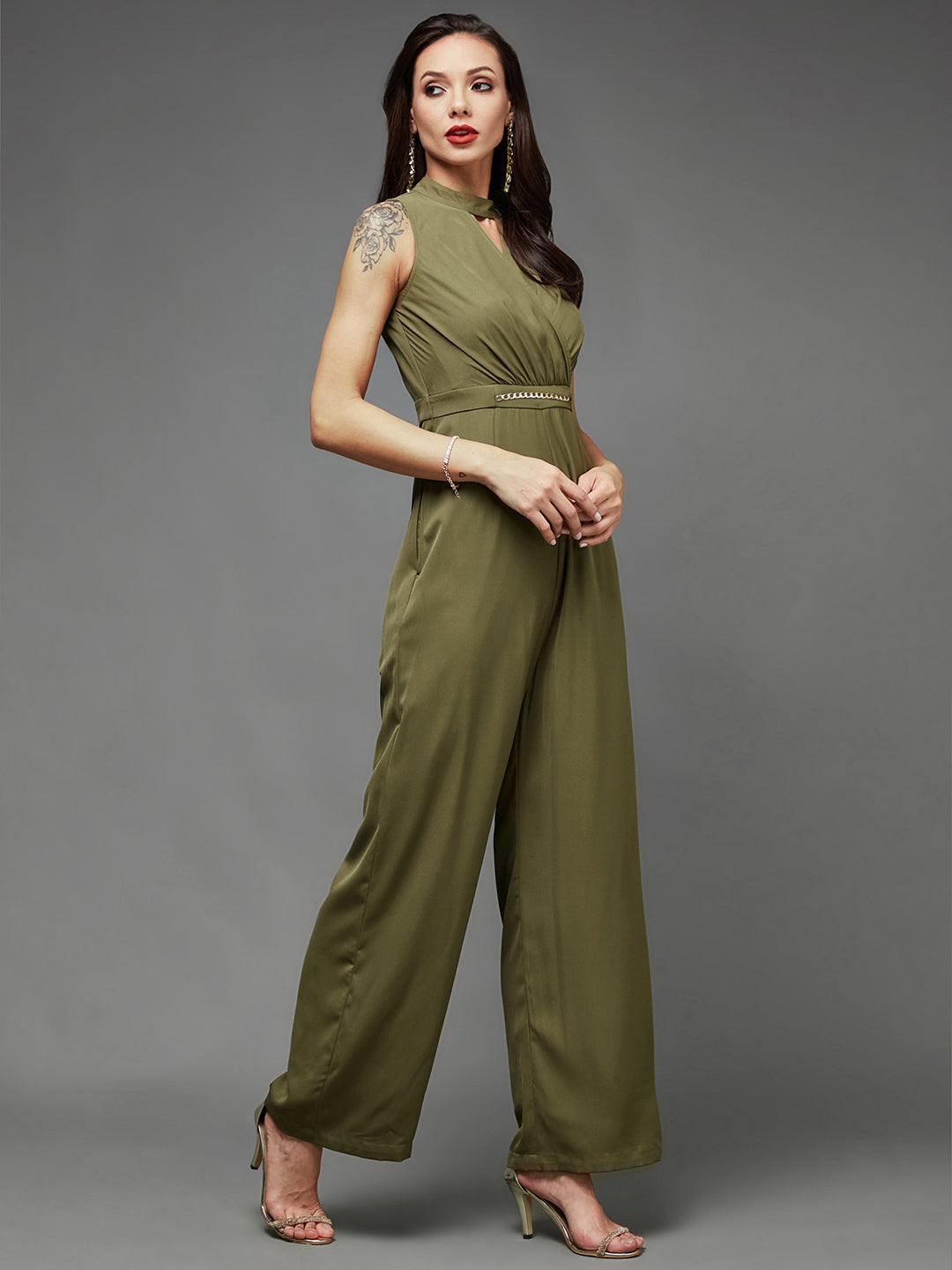 Women's Olive Solid Keyhole Neck Sleeveless Side Pocketed Crepe Wrap Regular-Length Jumpsuit