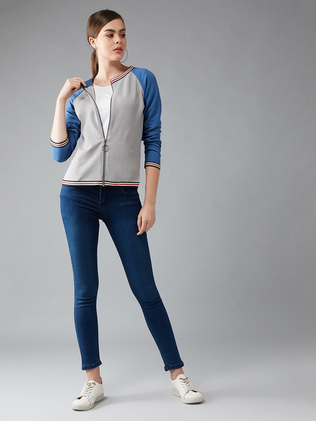 Women's Multicolor-Base Azure Blue Round Neck Full Sleeves Solid Boxy Color-blocked Regular Length Jacket