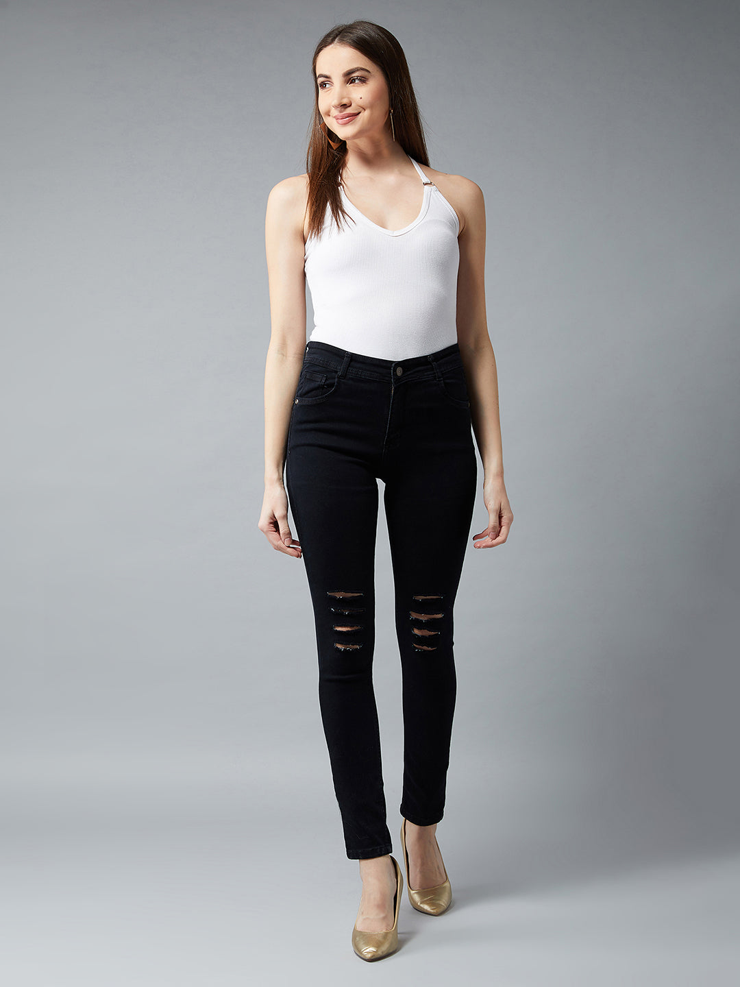 Women's Black Slim-Fit High-Rise Mild Distressed Ripped Stretchable Denim Jeans