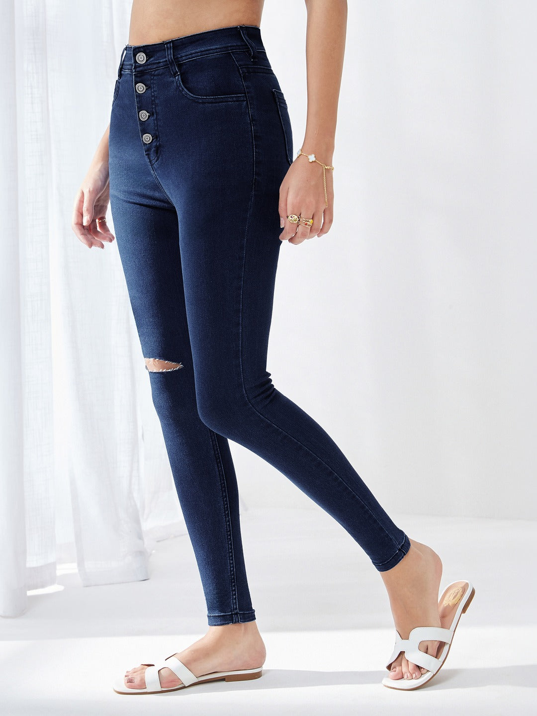 Navy Blue Skinny High Rise Knee Slit Denim Jeans for Women
