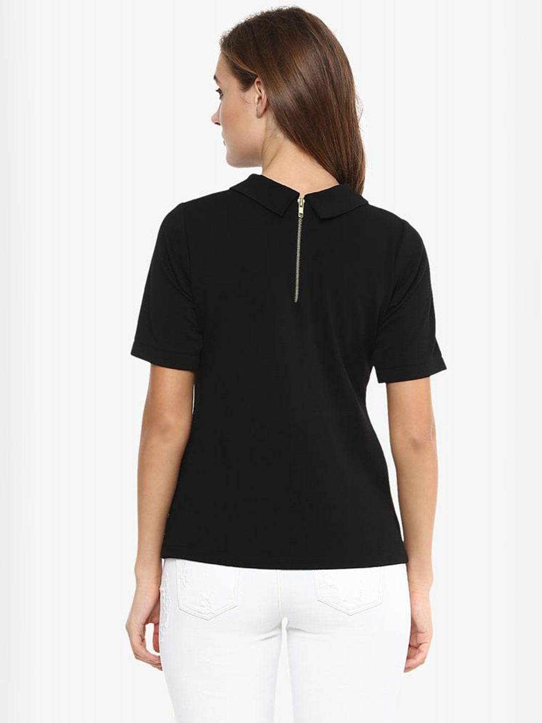 Women's Black Solid Short Sleeve Round Neck Collared Tops