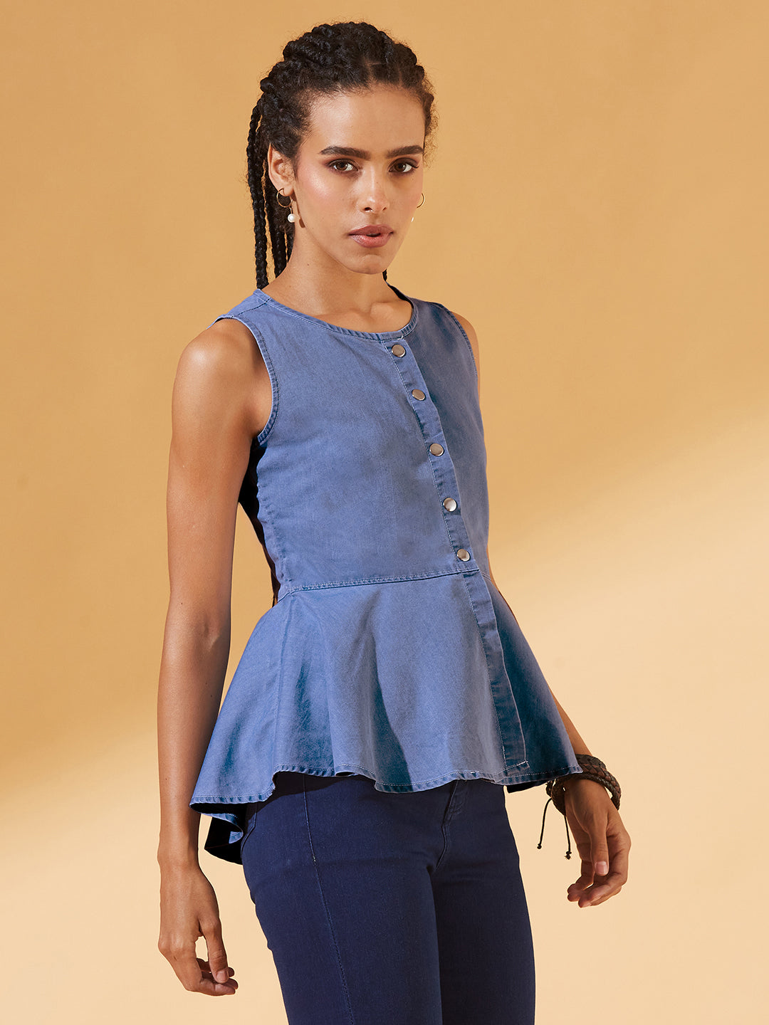 Blue Round Neck Sleeveless Denim Front Open Solid Hooded Peplum Top for Women
