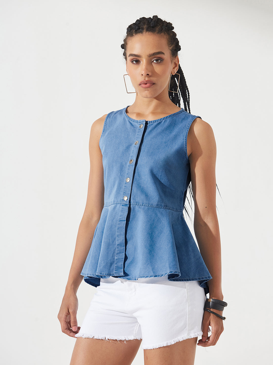 Blue Round Neck Sleeveless Denim Front Open Solid Hooded Peplum Top for Women