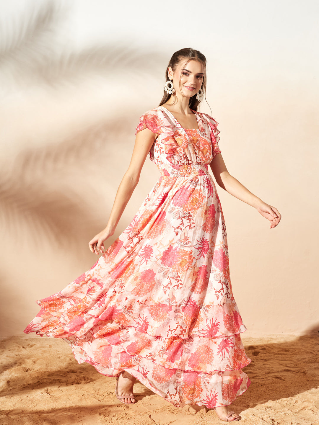 Light Peach Tapered Square Neck Layered Ruffle Floral Ruffled Maxi Chiffon Dress for Women — Miss Chase