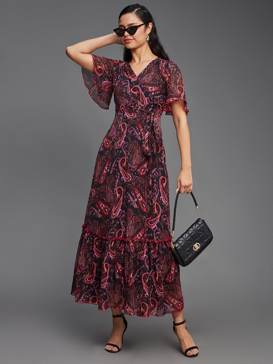 Women's Multicolored-Base-Black Bohemian V-Neck Flutter Sleeve Chiffon Relaxed Fit Wrap Maxi Dress