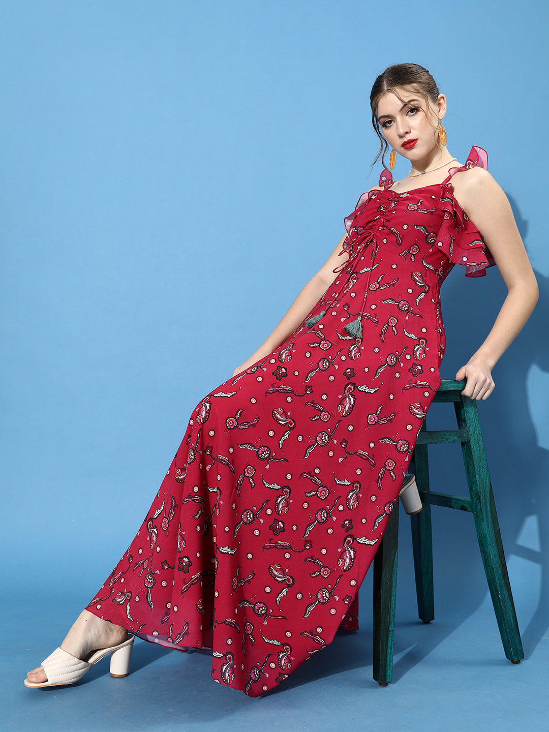 Women's Multicolored-Base-Dark Pink Sweetheart Ruffled Floral Ruching Maxi Dress