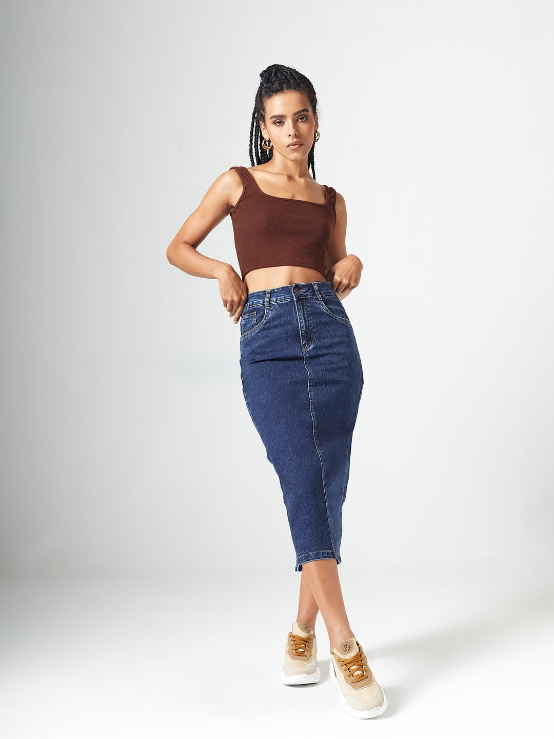 CHASEshape™ Dark Blue High-Rise Stretchable Denim Midi Skirt with Back Slit for Women