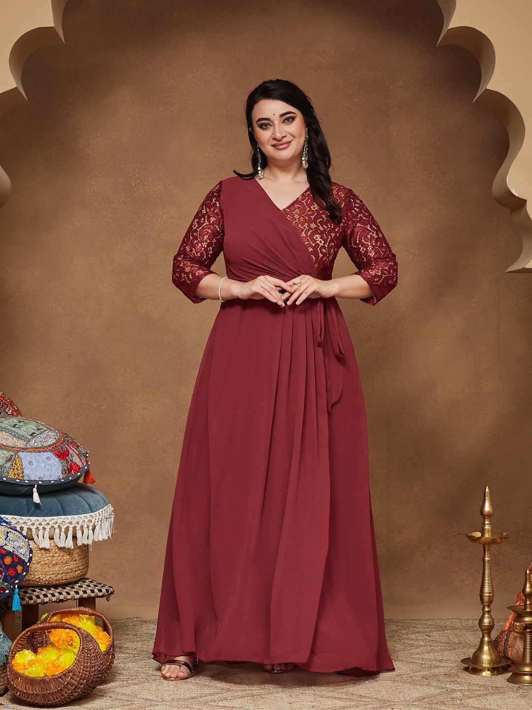 Brick Red V-Neck 3/4 Sleeve Self-Designed Wrap Styled Georgette Maxi Dress for Women