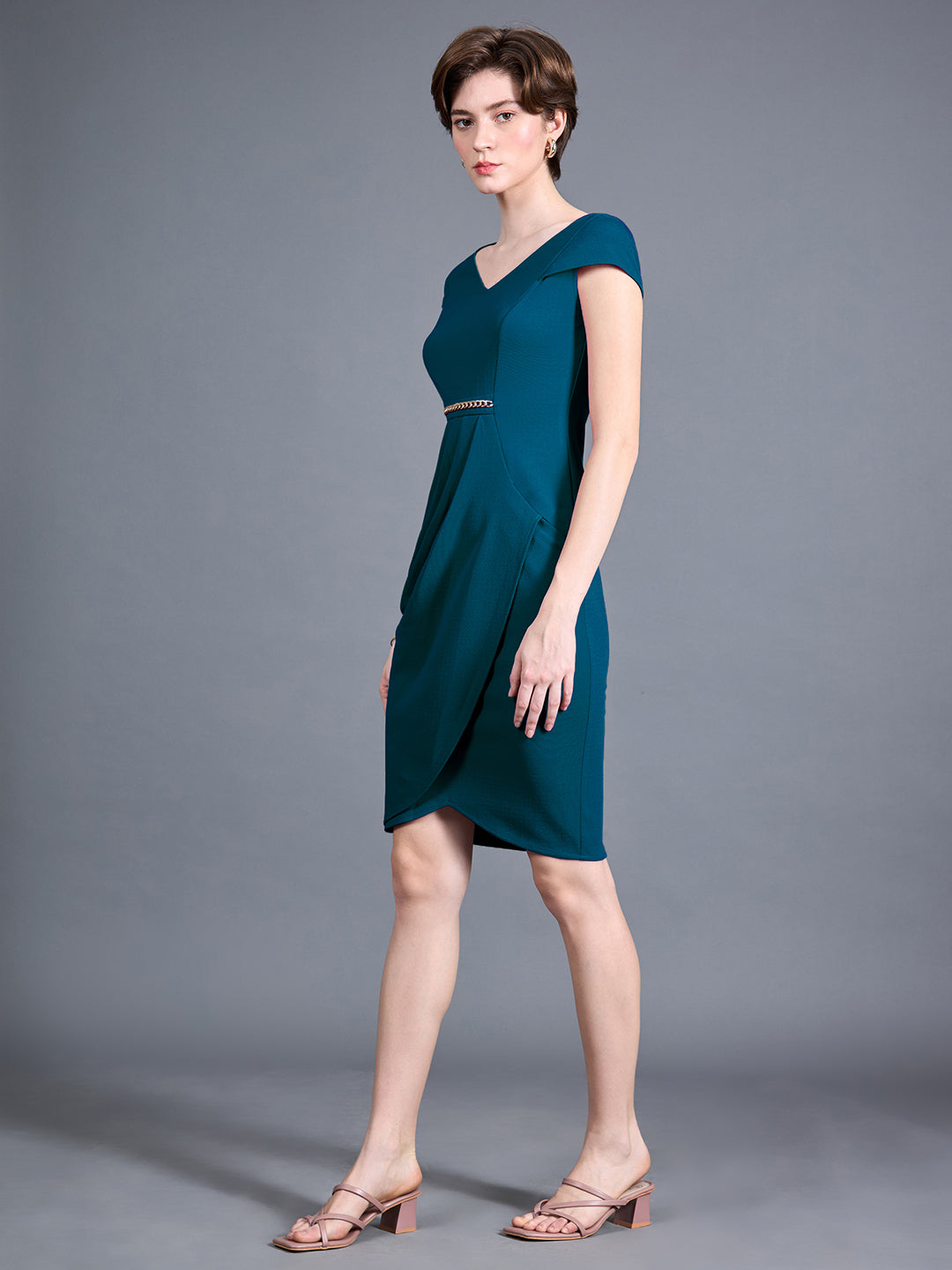 Women's Teal V-Neck Cap Sleeve Solid Wrapped Polyester Knee-Long Dress