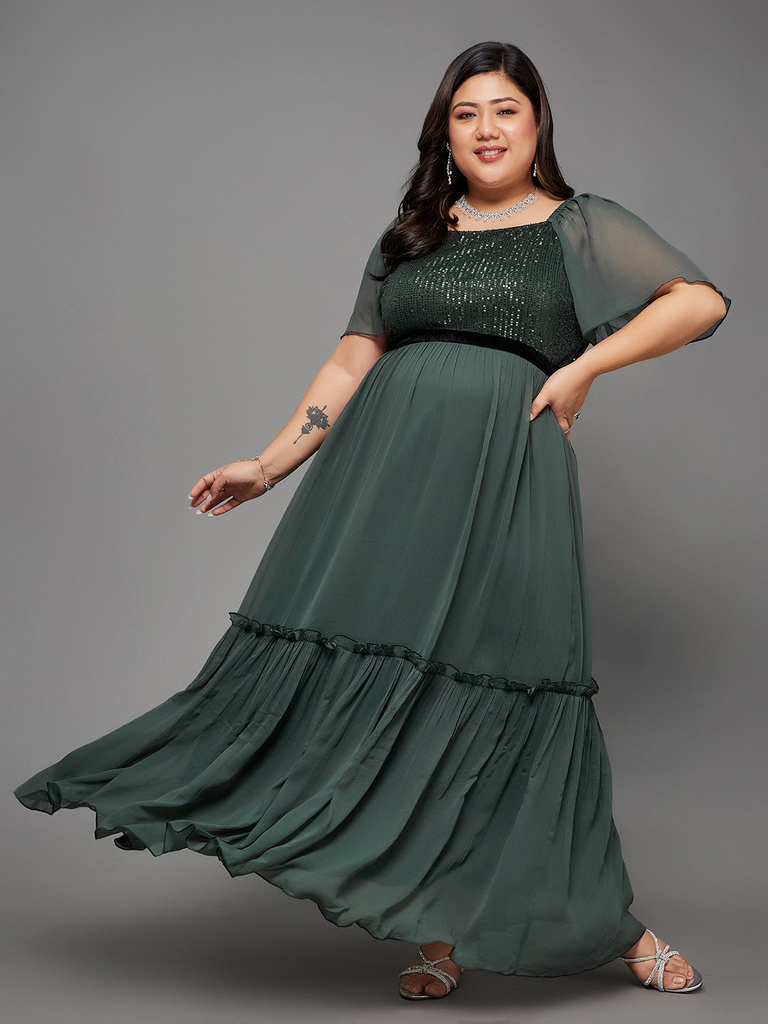 Body Bliss Dark Green Embellished Chiffon Tiered Longline Dress