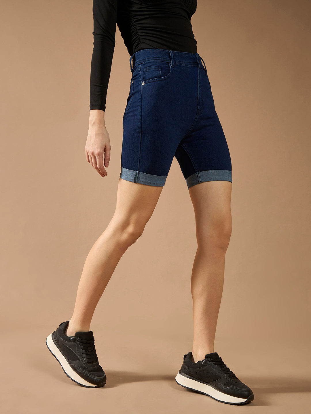 Women's Navy Blue Skinny High-Rise Clean-Look Regular Length Stretchable Denim Shorts