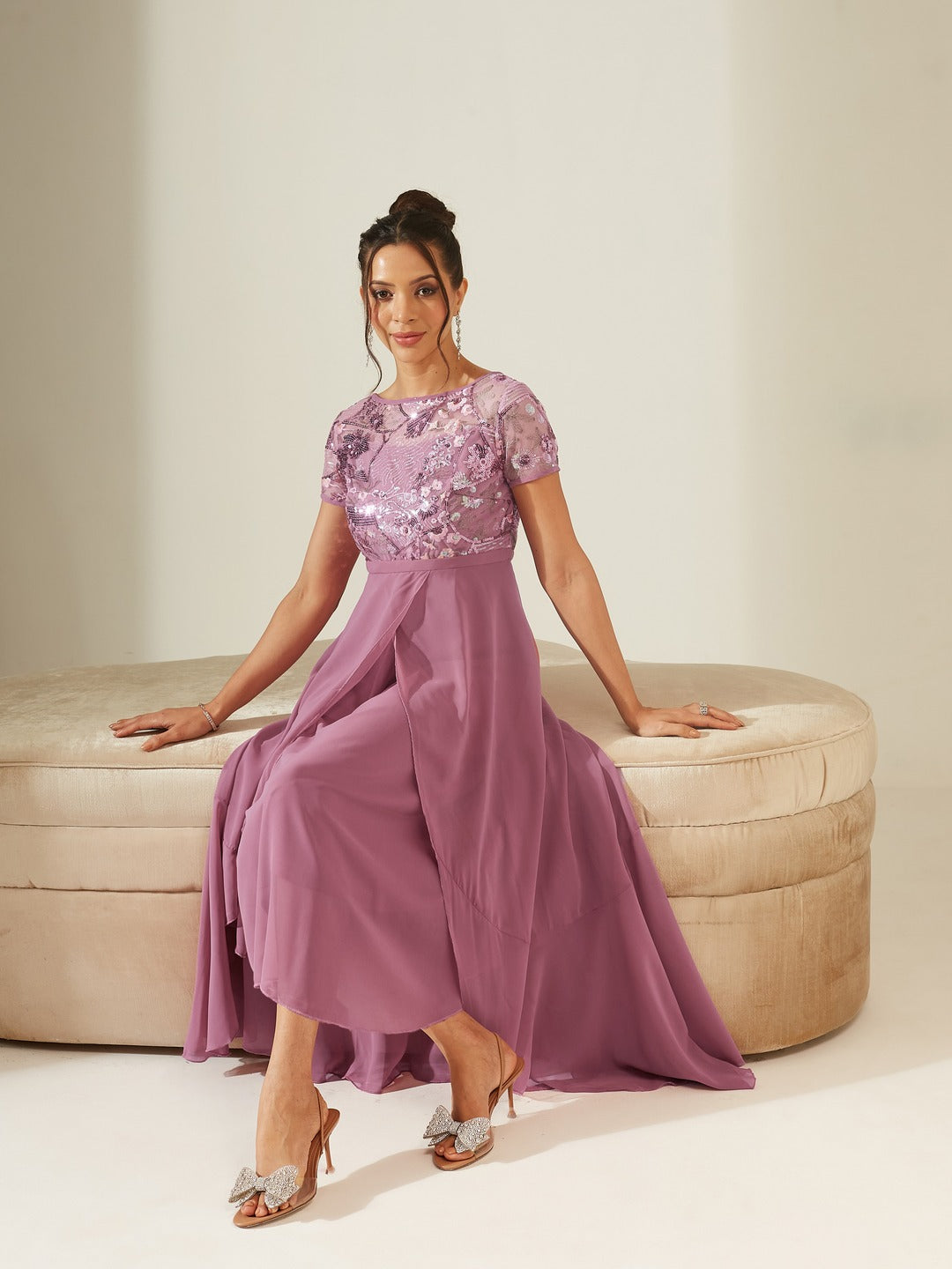 Dusty Lavender Round Neck Short Sleeve Floral Layered Georgette Midi Dress for Women