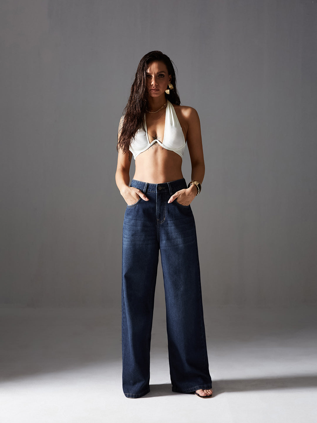 Women's Navy Blue Wide-Leg High-Rise Clean-Look Regular-Length Denim Jeans