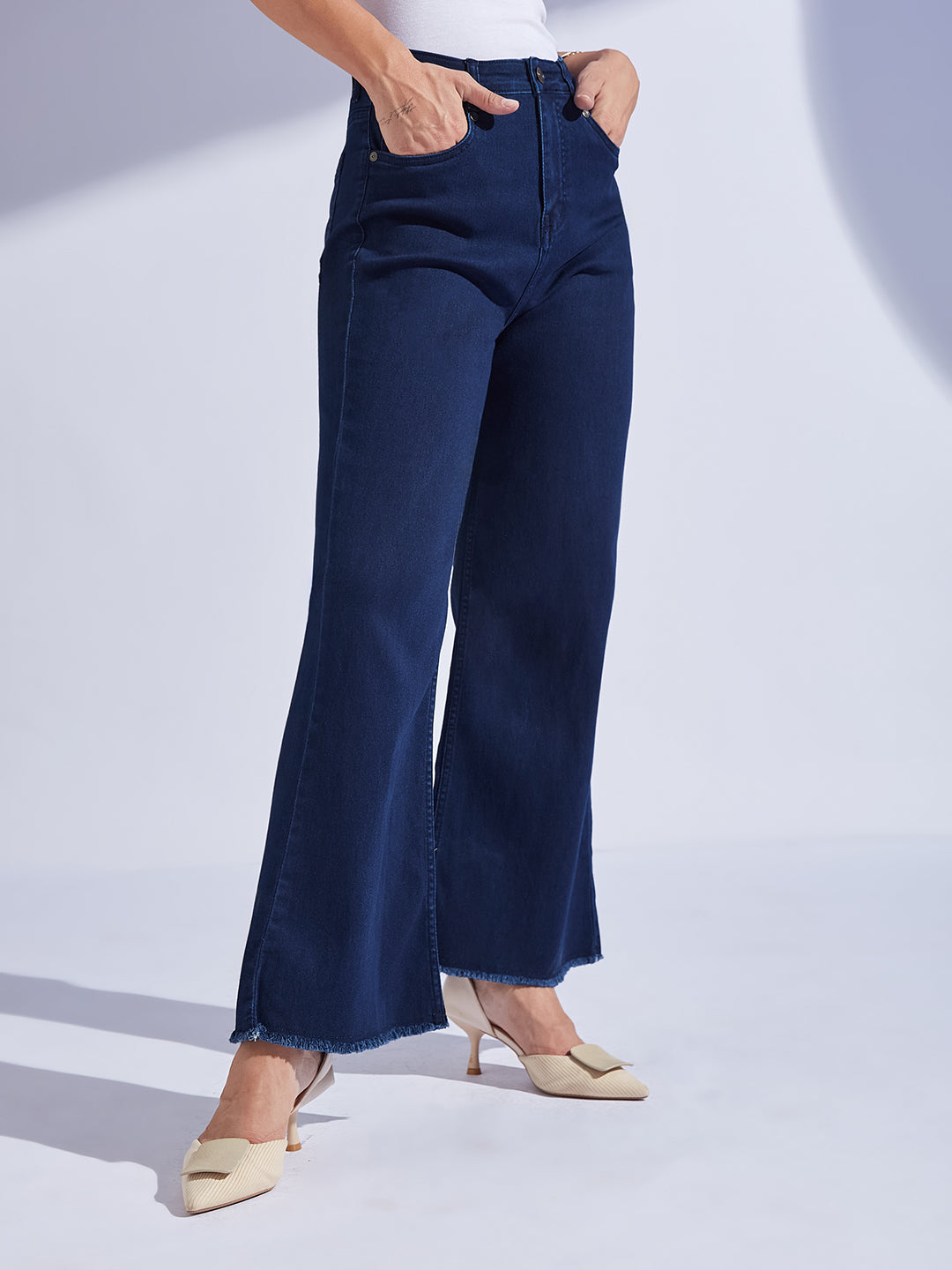 Navy-Blue Bootcut High-Rise Regular-Length Stretchable Denim Jeans for Women