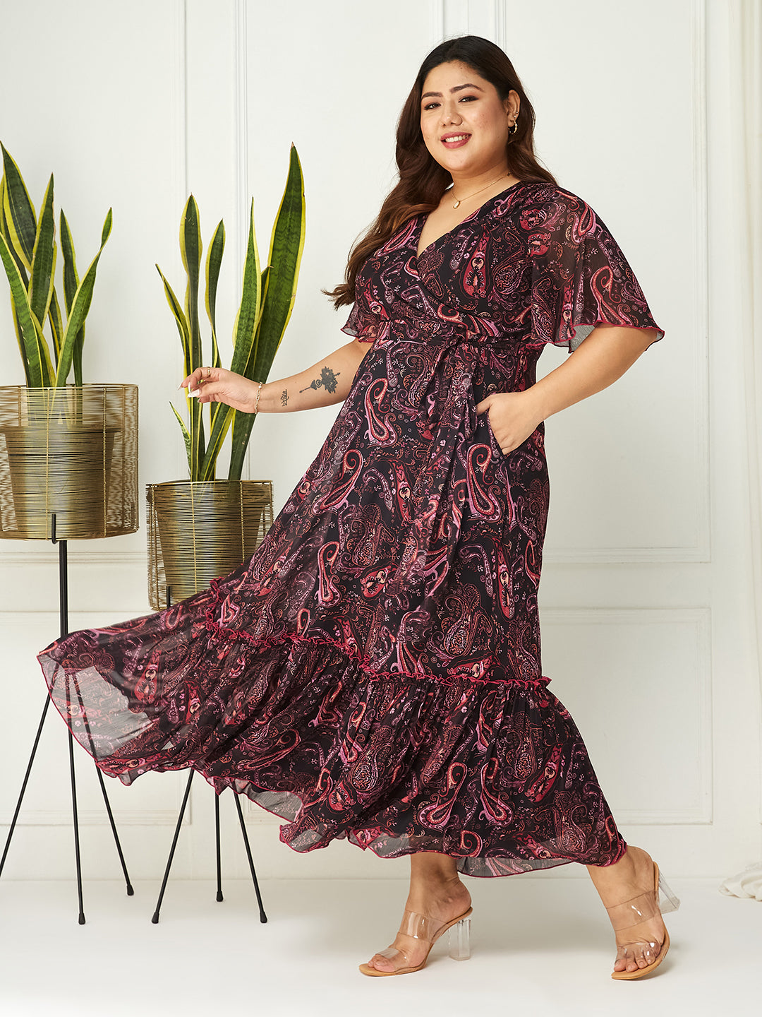 Black Bohemian Printed Flutter Sleeves Maxi Dress Long Dress Gown Frock for Women | The Summer Holiday Story