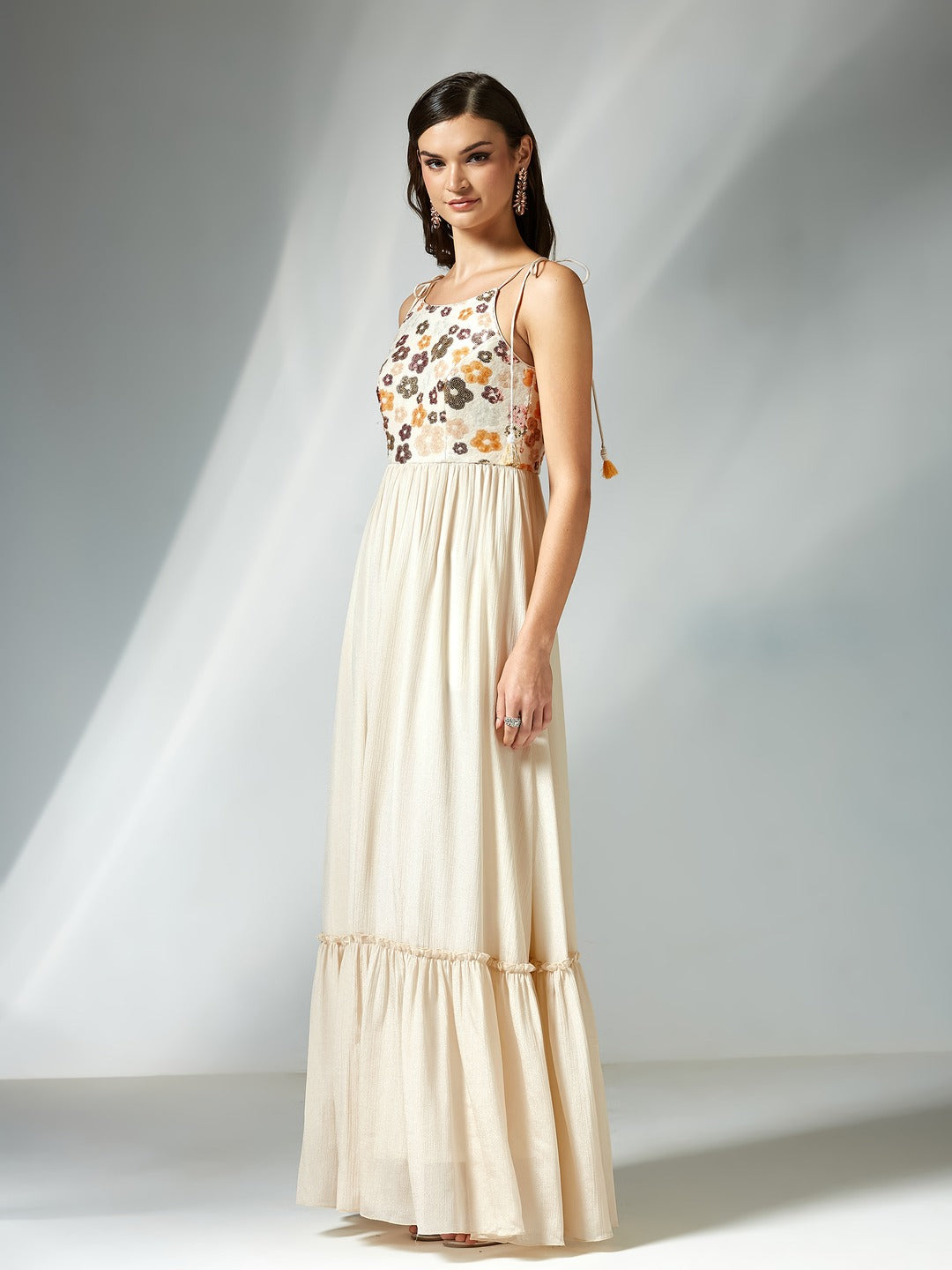Cream Floral Printed Sleeveless Maxi Dress for Women