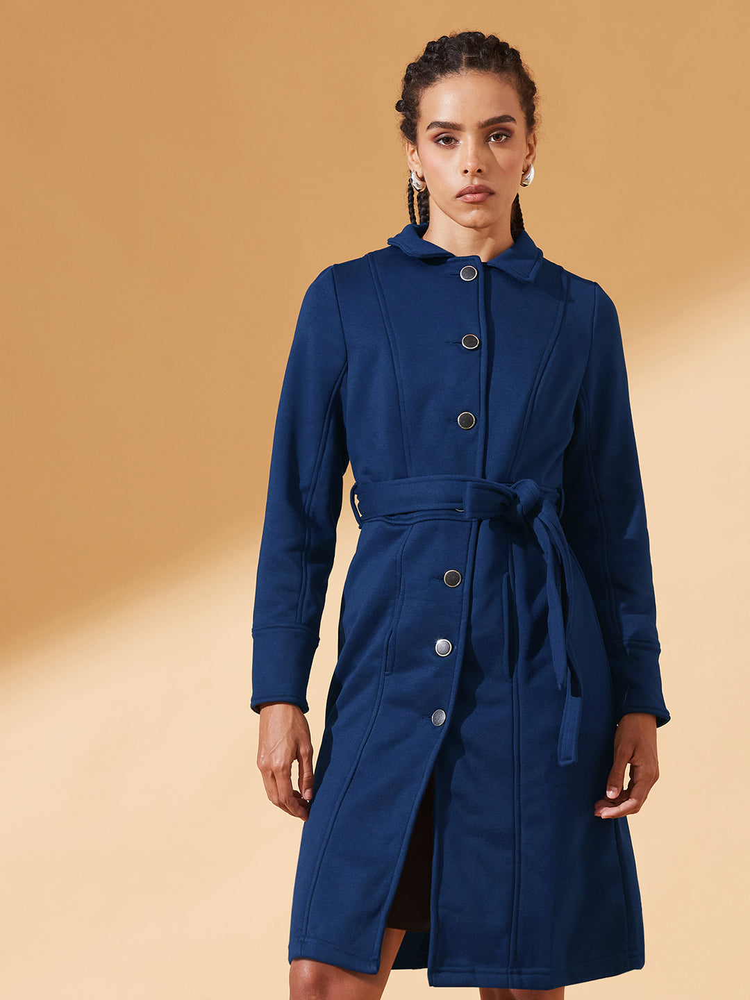 Navy-Blue Collared Full Sleeve Solid Tie-up Longline Jacket for Women